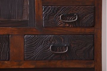 アンティーク家具　和製アンティーク　大正期　丸窓引き戸付き!古い木製のモダンな縦型収納棚