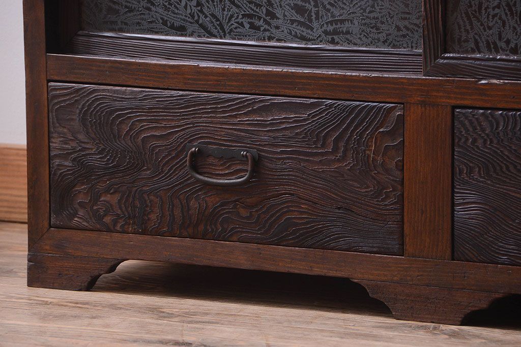 アンティーク家具　和製アンティーク　大正期　丸窓引き戸付き!古い木製のモダンな縦型収納棚