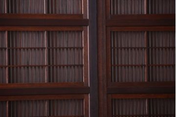 古民具・骨董　裏障子付き!デザインガラス帯のアンティーク格子戸4枚セット