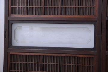 古民具・骨董　裏障子付き!デザインガラス帯のアンティーク格子戸4枚セット