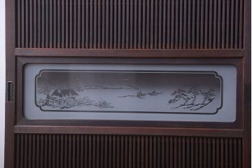 古民具・骨董　裏障子付き!デザインガラス帯のアンティーク格子戸4枚セット