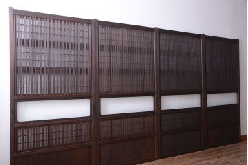 古民具・骨董　裏障子付き!デザインガラス帯のアンティーク格子戸4枚セット