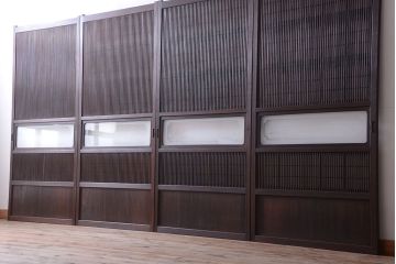 古民具・骨董　裏障子付き!デザインガラス帯のアンティーク格子戸4枚セット