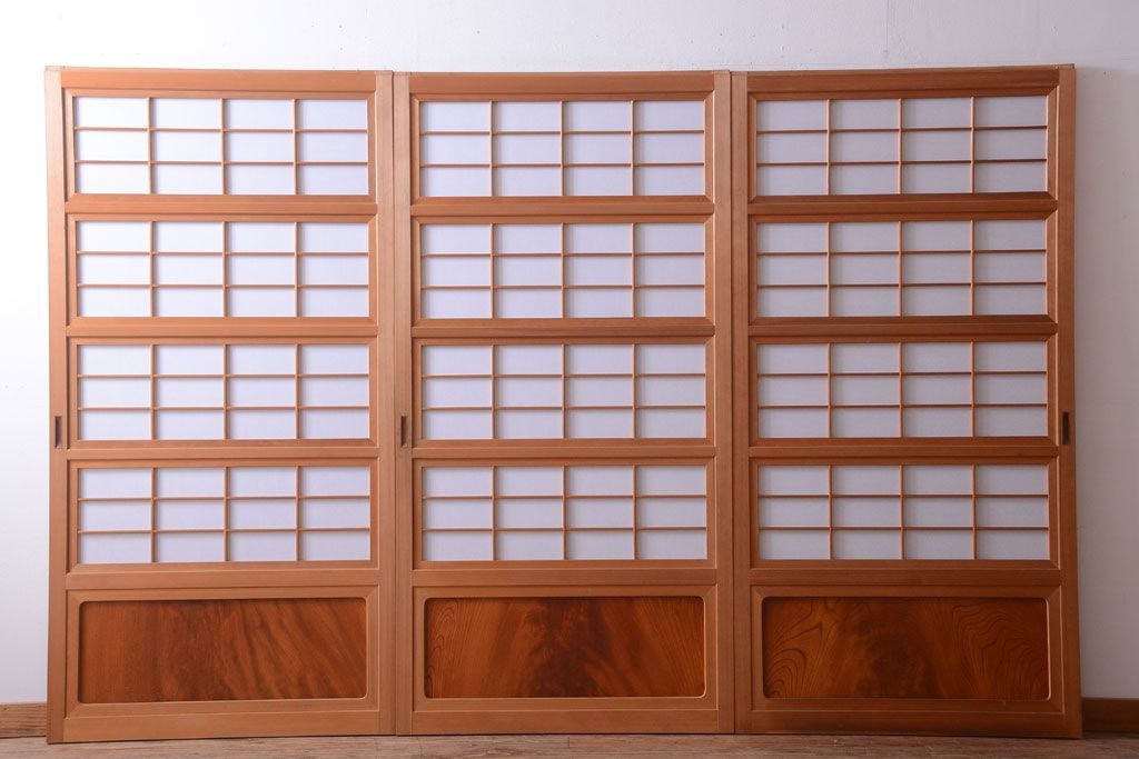 アンティーク　高級品!腰板欅材の木味障子格子戸3枚セット