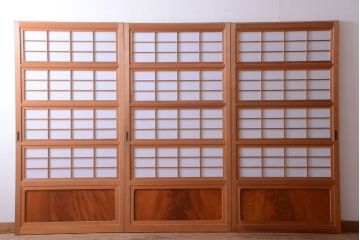 アンティーク　高級品!腰板欅材の木味障子格子戸3枚セット