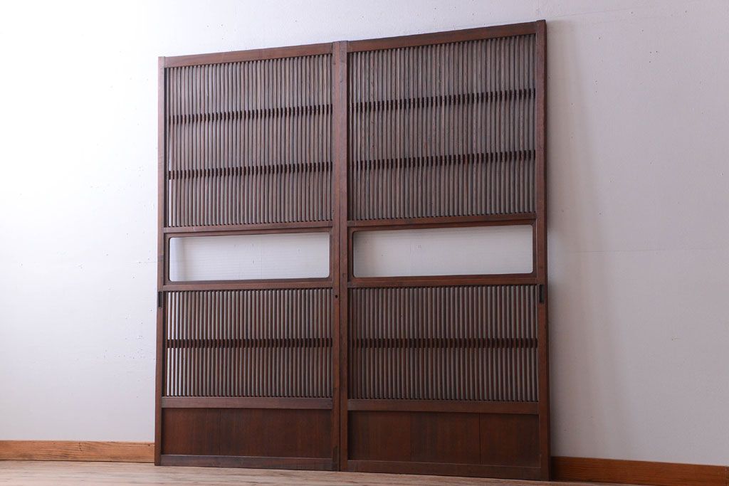 アンティーク　裏ガラス入り!モールガラス帯の格子戸2枚セット