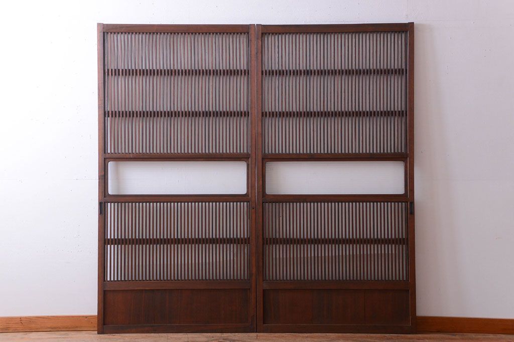 アンティーク　裏ガラス入り!モールガラス帯の格子戸2枚セット