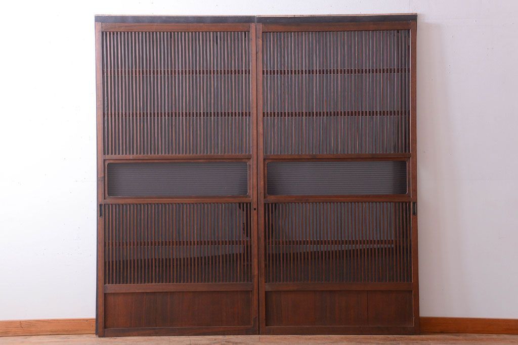 アンティーク　裏ガラス入り!モールガラス帯の格子戸2枚セット