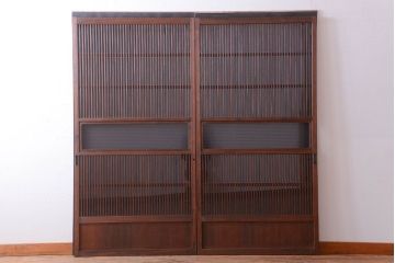 アンティーク　裏ガラス入り!モールガラス帯の格子戸2枚セット