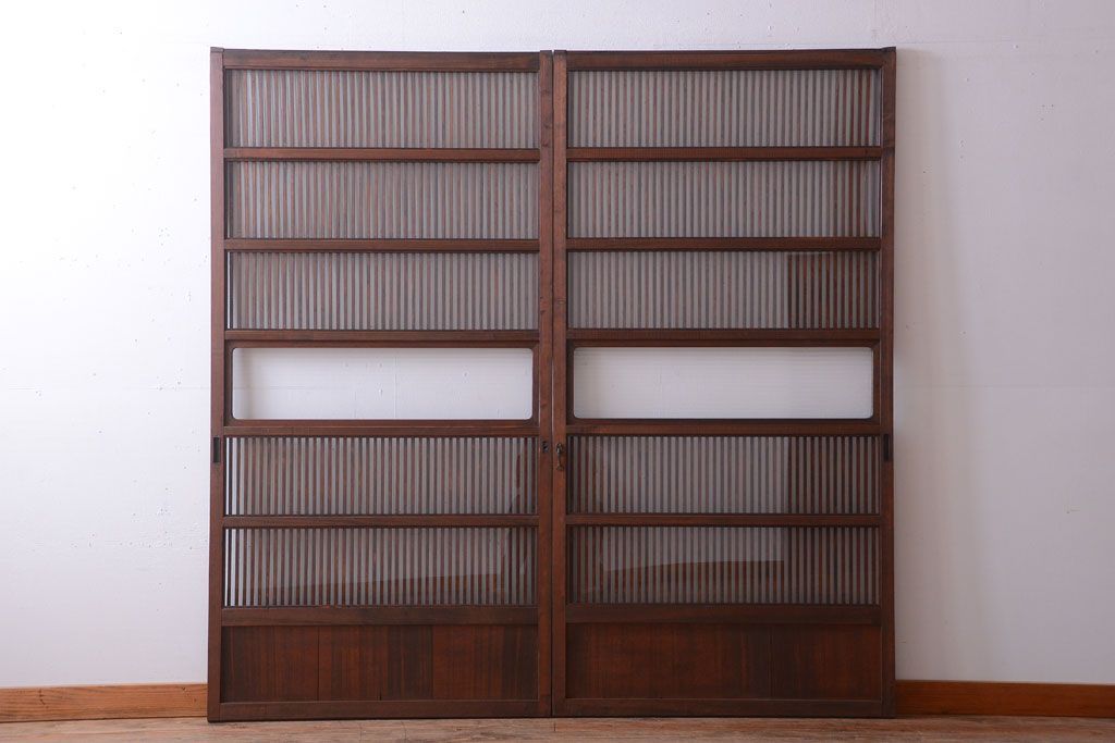 アンティーク　裏ガラス入り!モールガラス帯の格子戸2枚セット