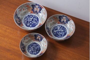 アンティーク雑貨　アンティーク　江戸〜明治期　色絵染付　三つ重ね鉢(お皿)