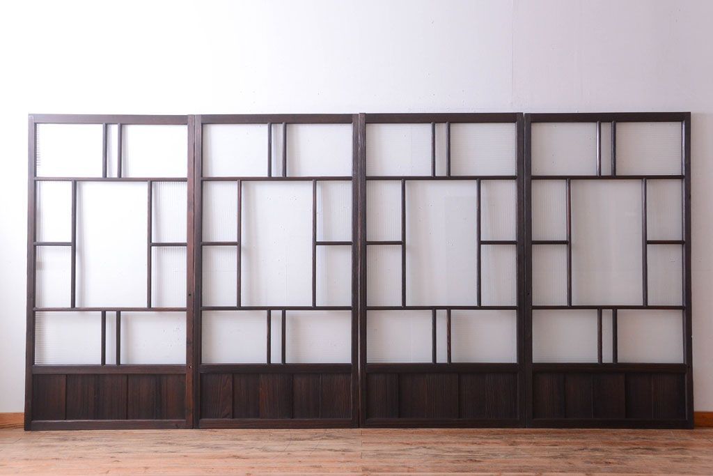 古民具・骨董　モールガラス入り!モダンなアンティークガラス戸4枚セット