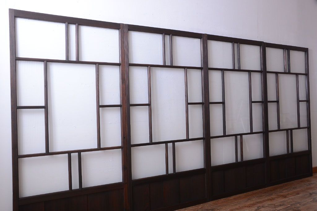 古民具・骨董　モールガラス入り!モダンなアンティークガラス戸4枚セット