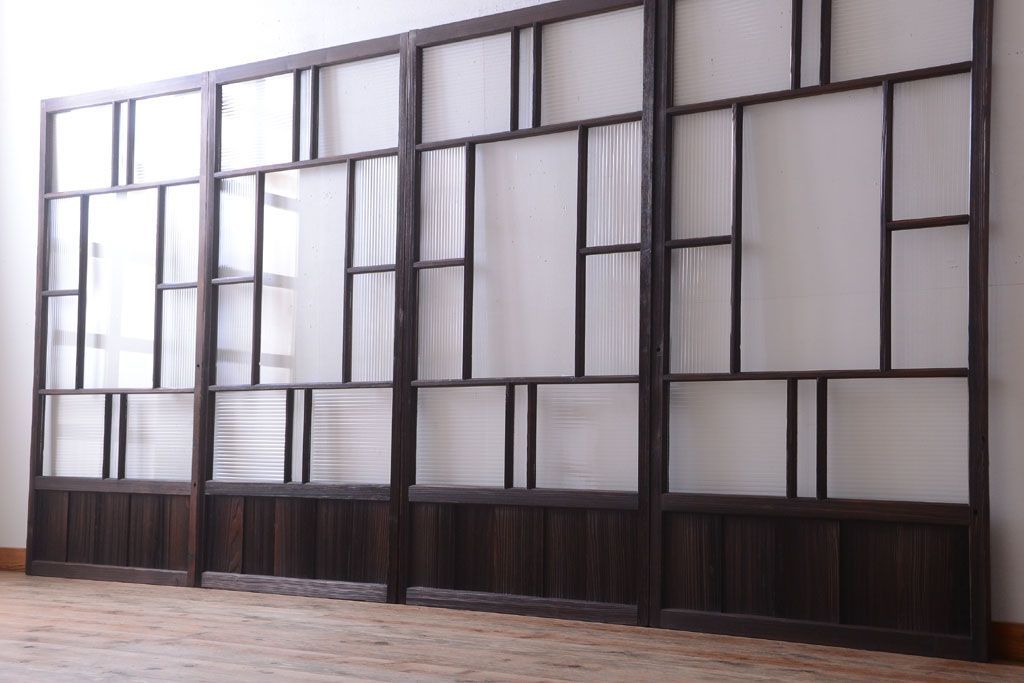 古民具・骨董　モールガラス入り!モダンなアンティークガラス戸4枚セット