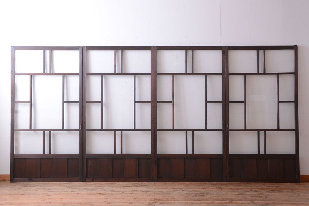 古民具・骨董　モールガラス入り!モダンなアンティークガラス戸4枚セット