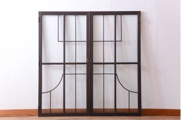 大正ロマン　幾何学デザインがモダンなアンティーク両開きガラス戸(扉・窓)