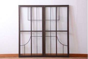大正ロマン　幾何学デザインがモダンなアンティーク両開きガラス戸(扉・窓)