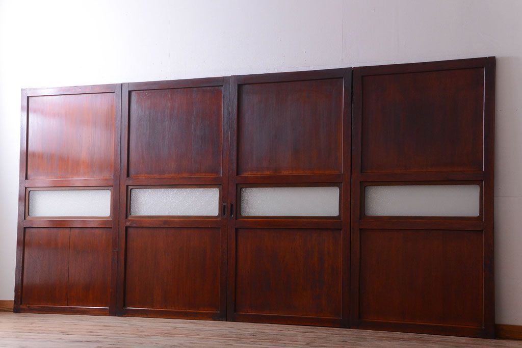 和製アンティーク　ダイヤガラス帯の古い木製引き戸4枚セット(ガラス帯戸)