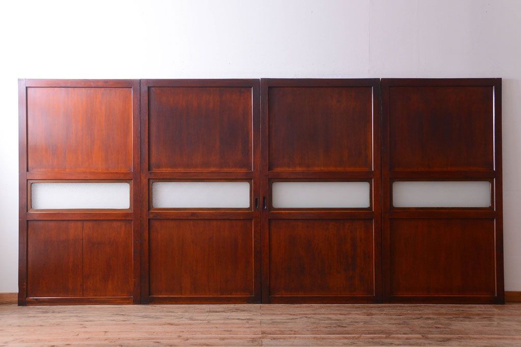 和製アンティーク　ダイヤガラス帯の古い木製引き戸4枚セット(ガラス帯戸)