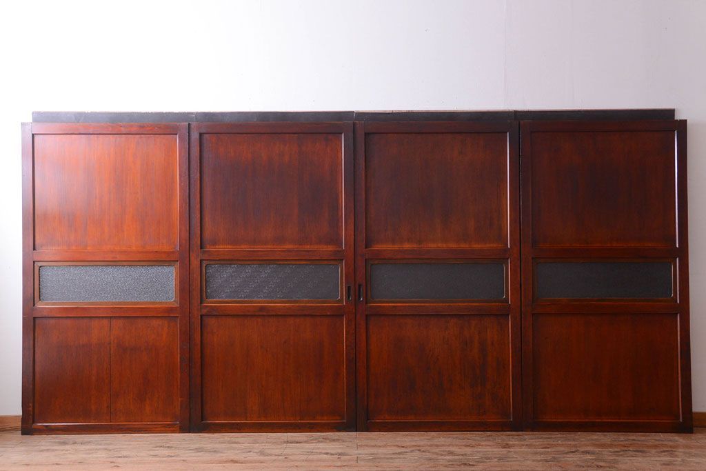 和製アンティーク　ダイヤガラス帯の古い木製引き戸4枚セット(ガラス帯戸)