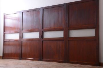 和製アンティーク　ダイヤガラス帯の古い木製引き戸4枚セット(ガラス帯戸)