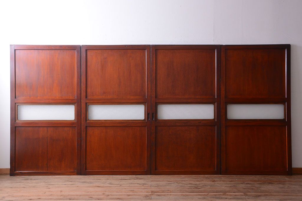 和製アンティーク　ダイヤガラス帯の古い木製引き戸4枚セット(ガラス帯戸)