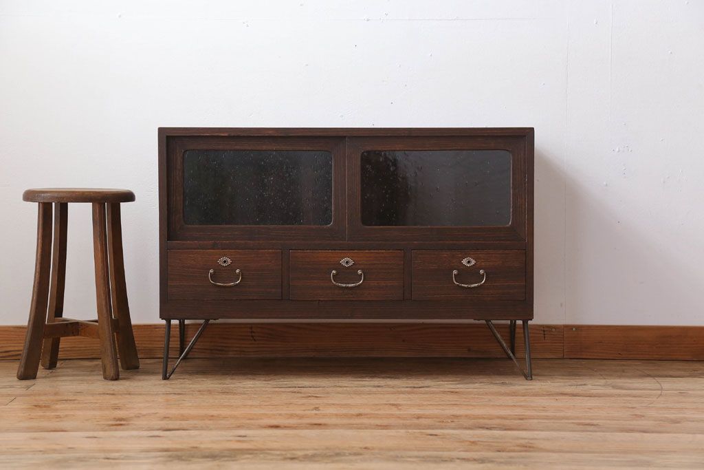 レトロ家具　昭和レトロ　気泡ガラス入り!アンティーク鉄脚ローボード