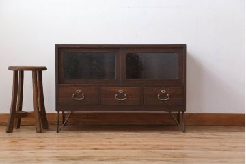 レトロ家具　昭和レトロ　気泡ガラス入り!アンティーク鉄脚ローボード