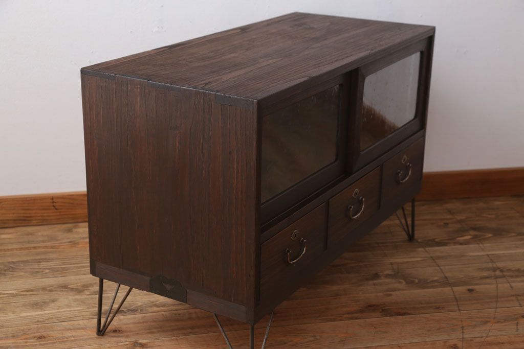 レトロ家具　昭和レトロ　気泡ガラス入り!アンティーク鉄脚ローボード