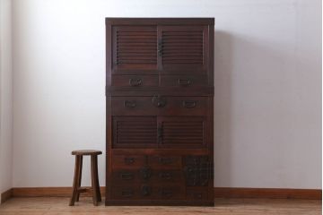アンティーク家具　古民具・骨董　横桟引き戸のアンティーク美濃帳場箪笥