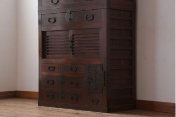 アンティーク家具　古民具・骨董　横桟引き戸のアンティーク美濃帳場箪笥