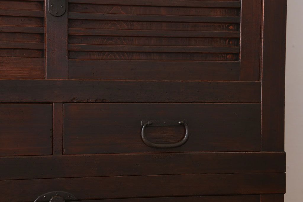 アンティーク家具　古民具・骨董　横桟引き戸のアンティーク美濃帳場箪笥