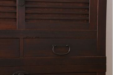 アンティーク家具　古民具・骨董　横桟引き戸のアンティーク美濃帳場箪笥