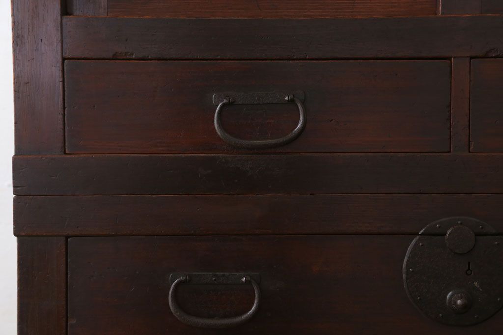 アンティーク家具　古民具・骨董　横桟引き戸のアンティーク美濃帳場箪笥