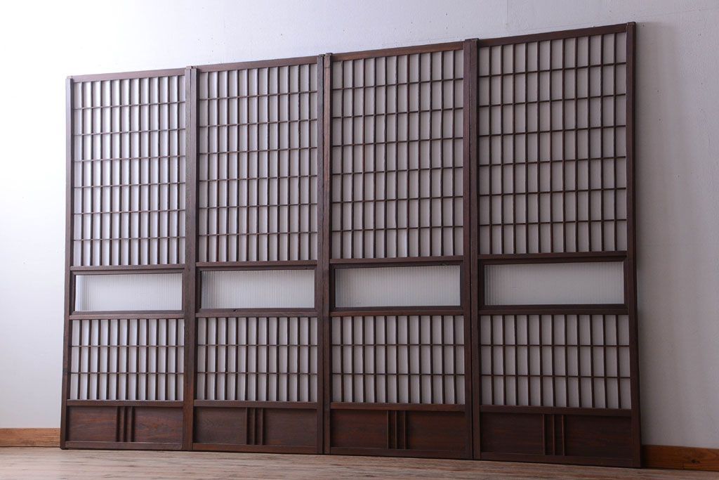 和製アンティーク　モールガラス帯の障子戸4枚セット