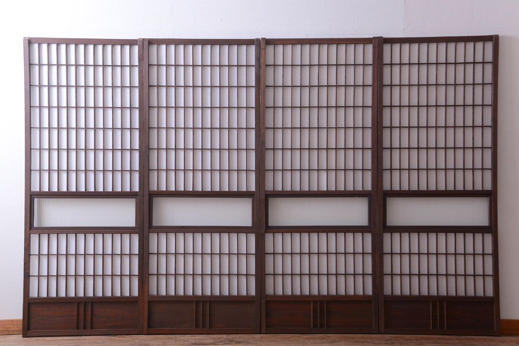 和製アンティーク　モールガラス帯の障子戸4枚セット