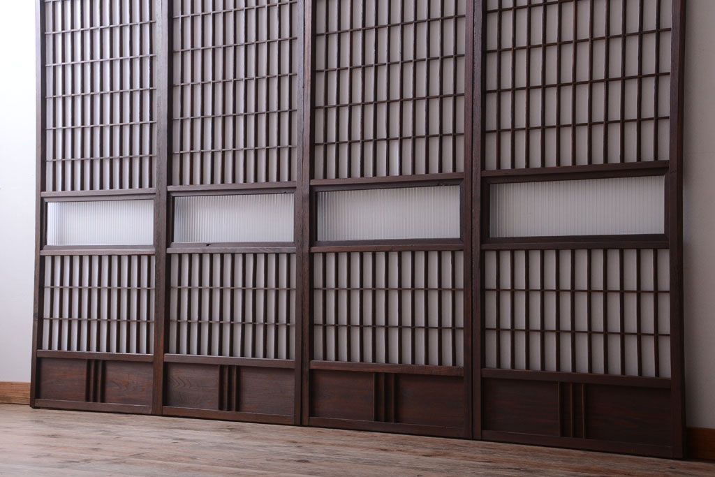 和製アンティーク　モールガラス帯の障子戸4枚セット