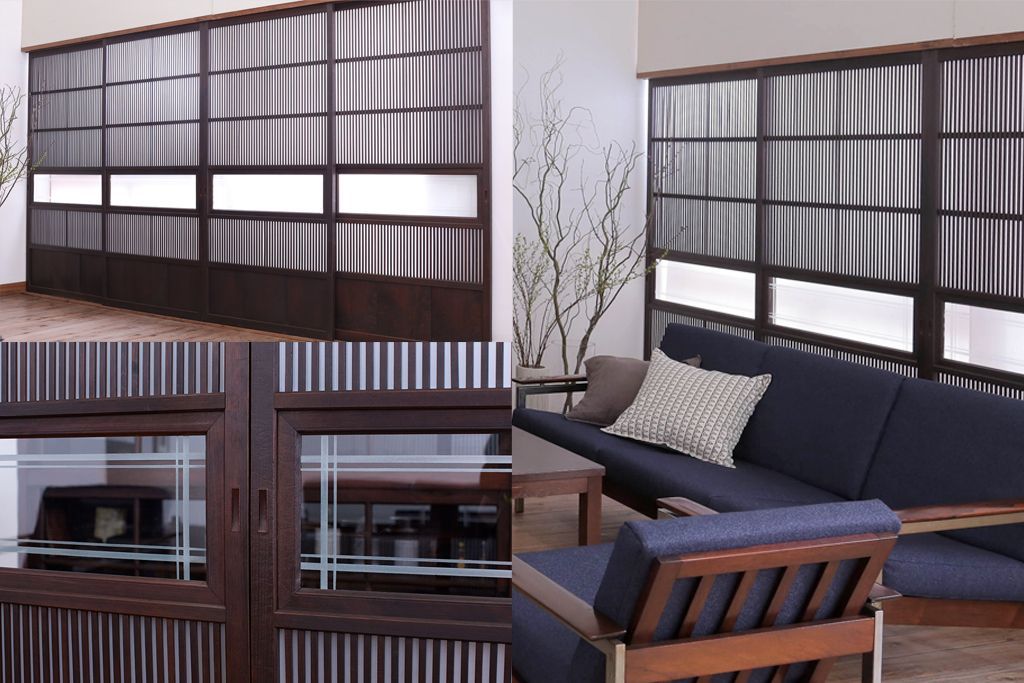 古民具・骨董　裏ガラス入り!デザインガラス帯格子戸4枚セット