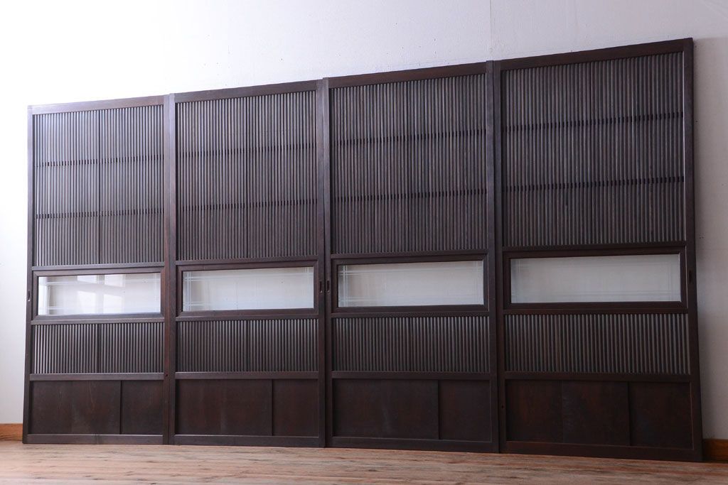 古民具・骨董　裏ガラス入り!デザインガラス帯格子戸4枚セット