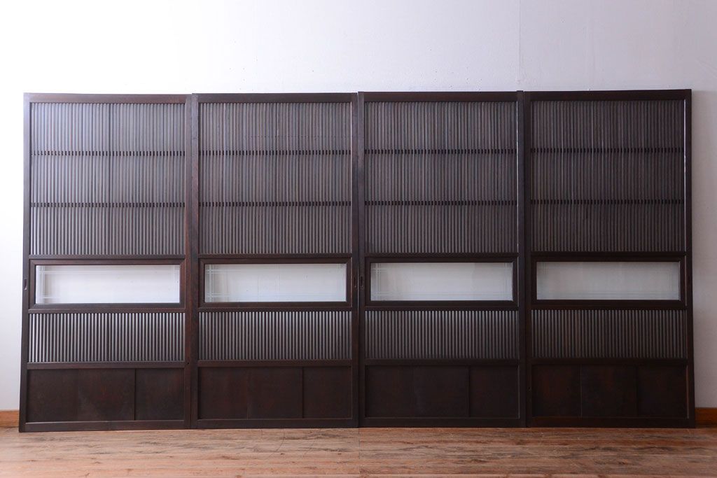 古民具・骨董　裏ガラス入り!デザインガラス帯格子戸4枚セット