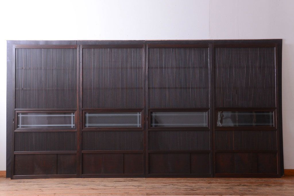 古民具・骨董　裏ガラス入り!デザインガラス帯格子戸4枚セット