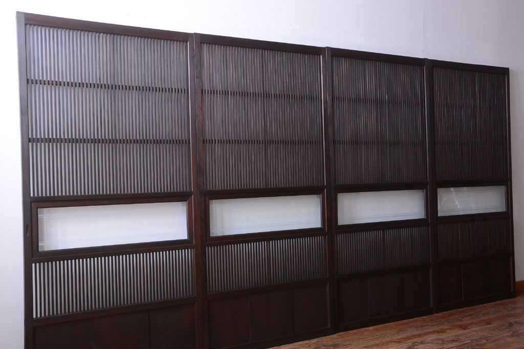 古民具・骨董　裏ガラス入り!デザインガラス帯格子戸4枚セット