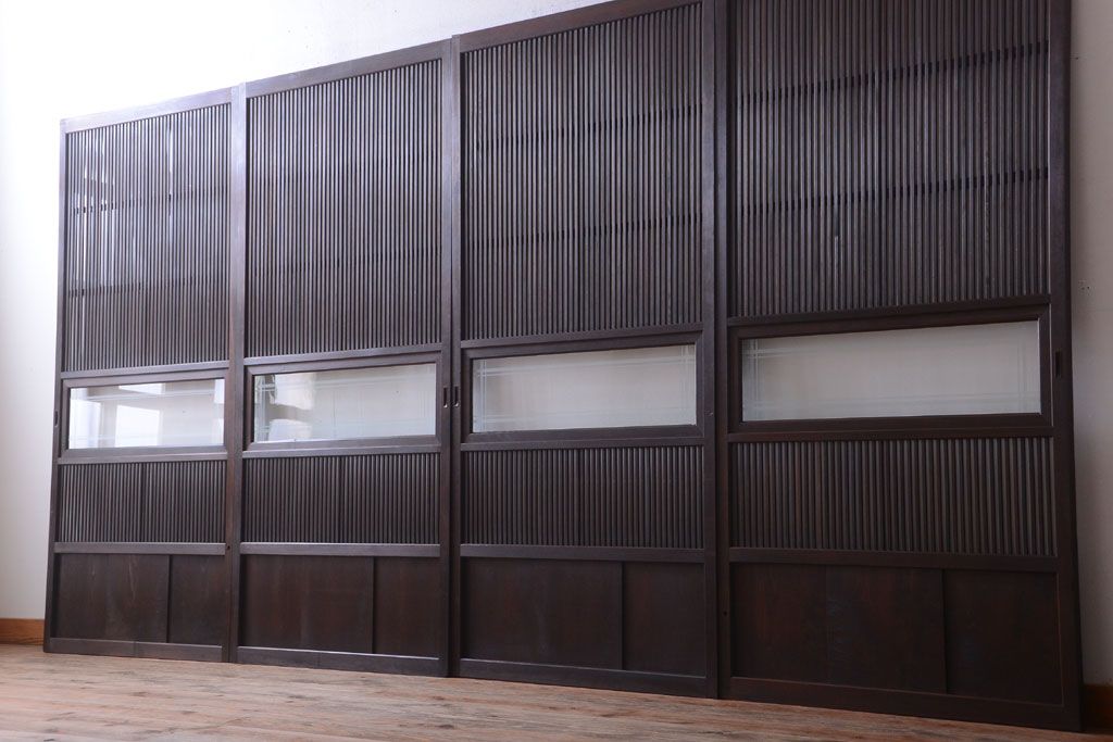 古民具・骨董　裏ガラス入り!デザインガラス帯格子戸4枚セット