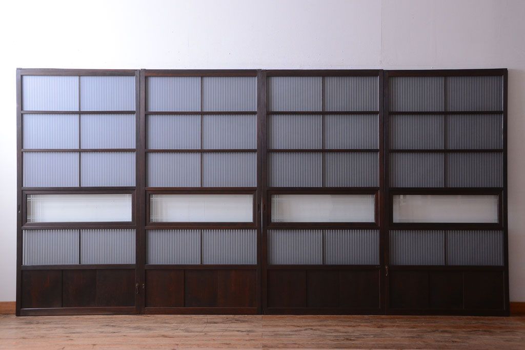 古民具・骨董　裏ガラス入り!デザインガラス帯格子戸4枚セット