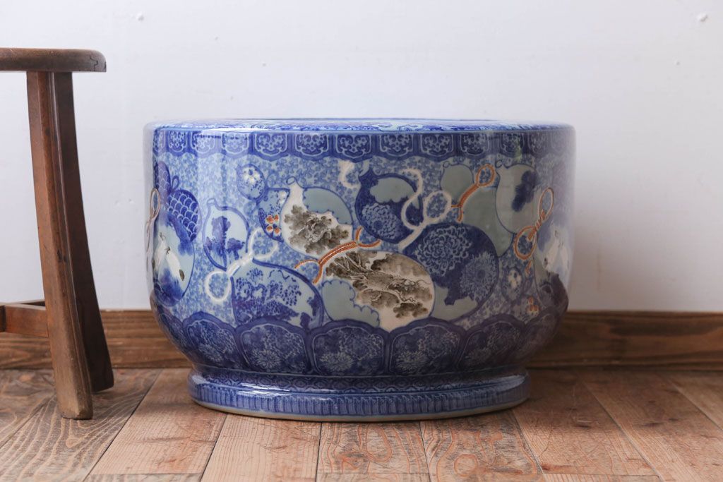 アンティーク雑貨　古民具・骨董　龍のひょうたん窓絵が美しい特大アンティーク瀬戸火鉢