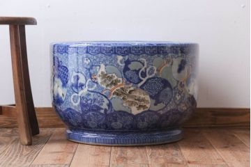 アンティーク雑貨　古民具・骨董　龍のひょうたん窓絵が美しい特大アンティーク瀬戸火鉢