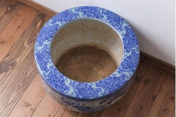 アンティーク雑貨　古民具・骨董　龍のひょうたん窓絵が美しい特大アンティーク瀬戸火鉢