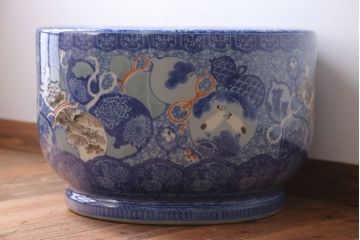 アンティーク雑貨　古民具・骨董　龍のひょうたん窓絵が美しい特大アンティーク瀬戸火鉢