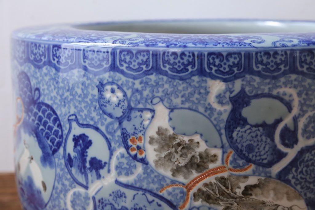 アンティーク雑貨　古民具・骨董　龍のひょうたん窓絵が美しい特大アンティーク瀬戸火鉢