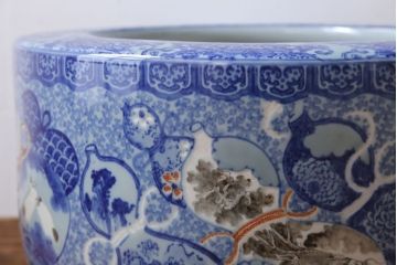 アンティーク雑貨　古民具・骨董　龍のひょうたん窓絵が美しい特大アンティーク瀬戸火鉢